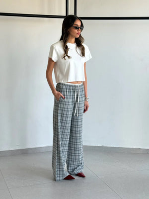 מכנס אימרי אפור עם משבצות לבנות טיאגו