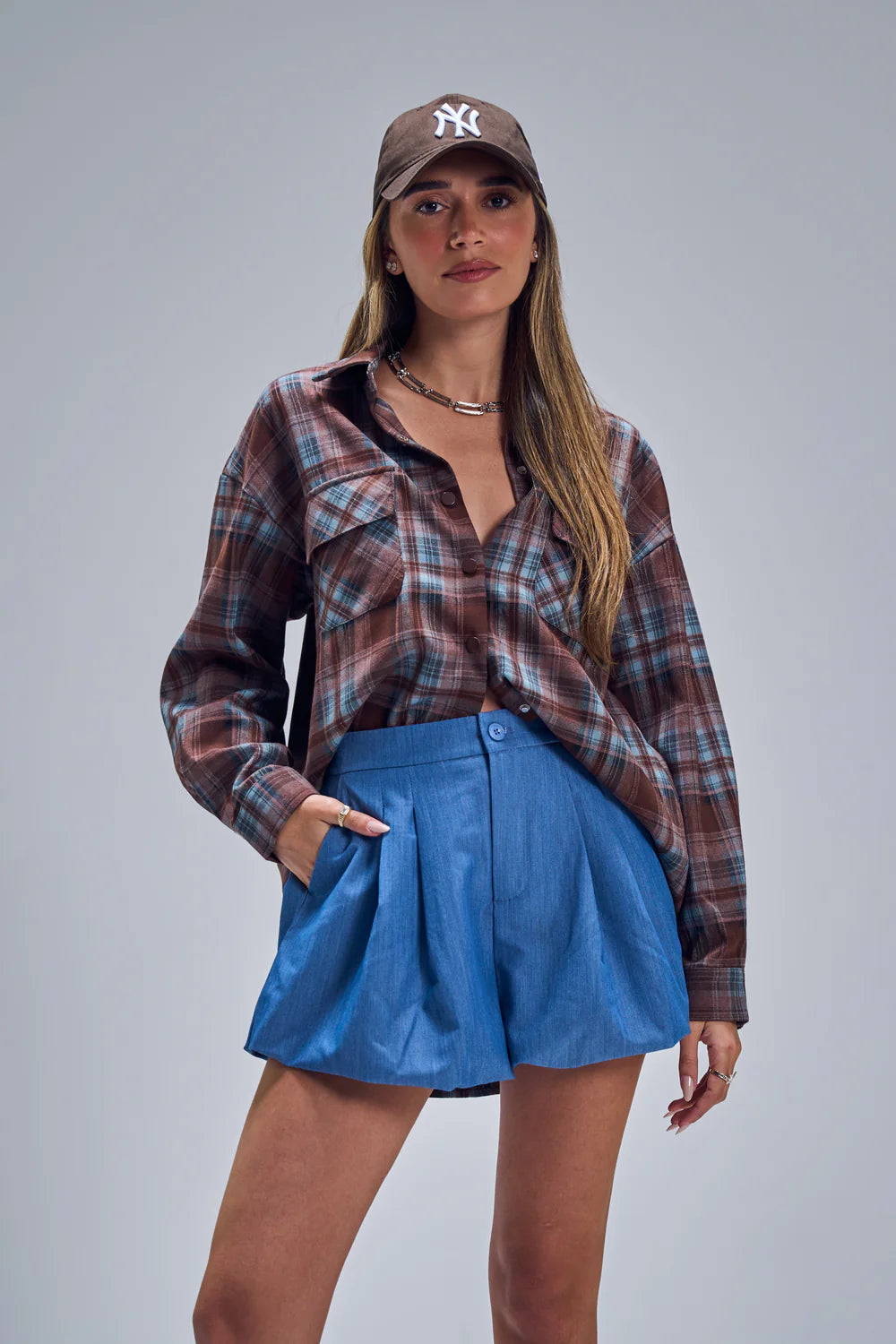 חולצת איזבל משבצות חולצה o-s חום טיאגו