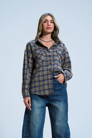 חולצת איזבל משבצות חולצה o-s תכלת טיאגו