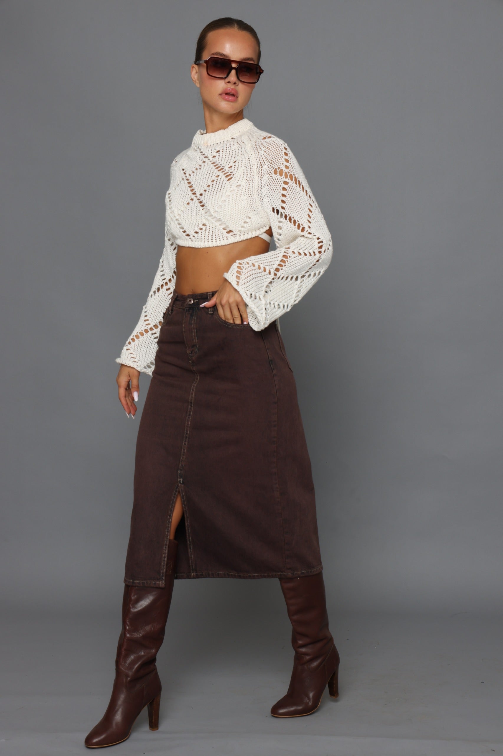 סריג קרושה קרופ גב חשוף חולצה לבן O.S קסארה