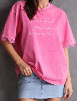 טי שרט EVERYTHING תחרה חולצה ורוד O.S אנטיגו