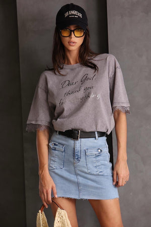 טי שרט EVERYTHING תחרה חולצה אפור O.S אנטיגו